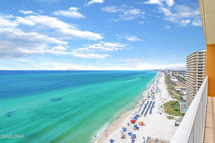 View across the turquoise Gulf waters and beach in Panama City Beach